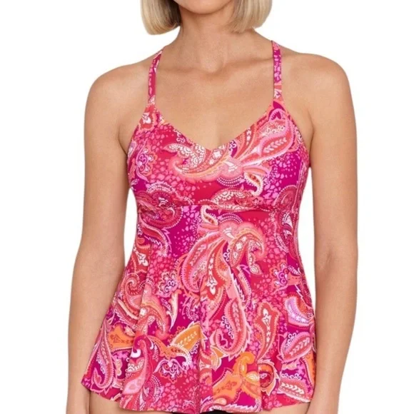Swim Solutions Fuchsia Pink V-Neck Printed Underwire Tankini Swim Top 12 New - Picture 2 of 7